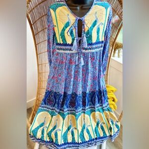 R. Vivimos Blue Yellow Floral Long Sleeve BOHO Peasant Midi Dress Size Small